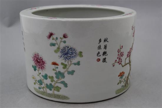 A Chinese famille rose cylindrical brush pot, 21.5cm diam.